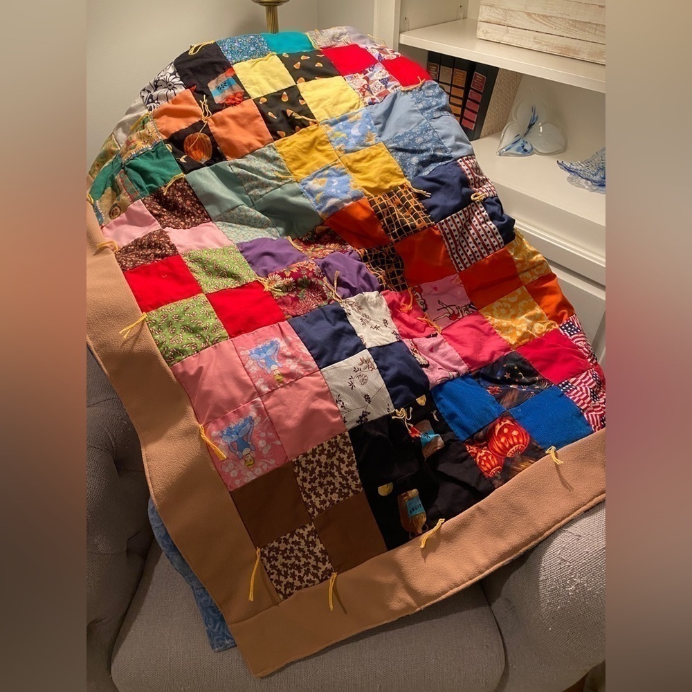 Patchwork Tied Cottagecore Quilt w/a Winter Blue Snowman Scene on Backside